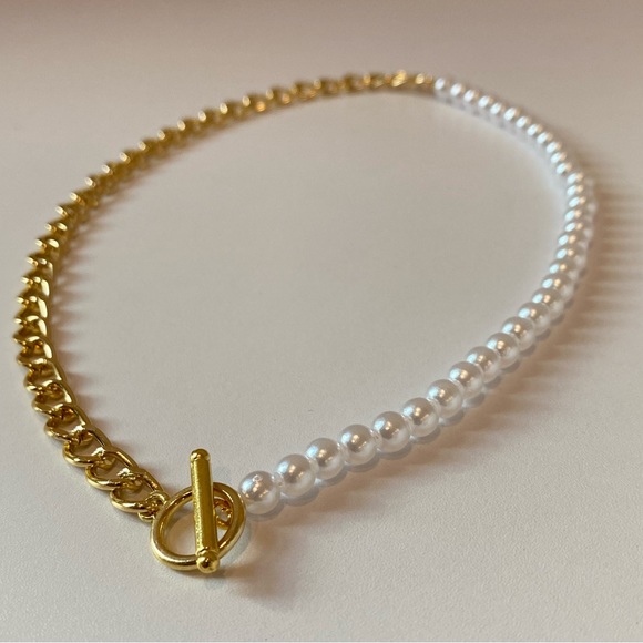 Half Pearl Half Gold Necklace with Toggle Clasp - Picture 2 of 5